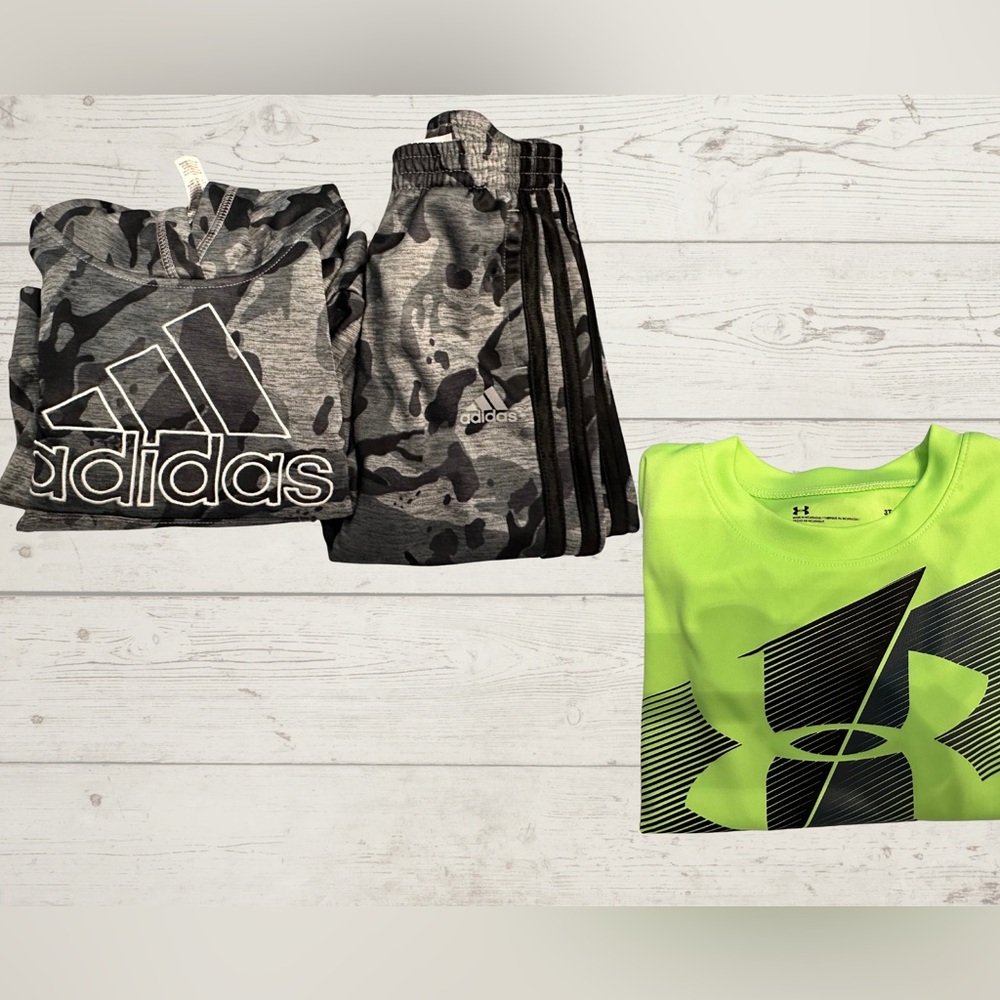 Boys 3T Athletic Bundle | Adidas Camo Hoodie & Joggers Set + Under Armour LS Tee
